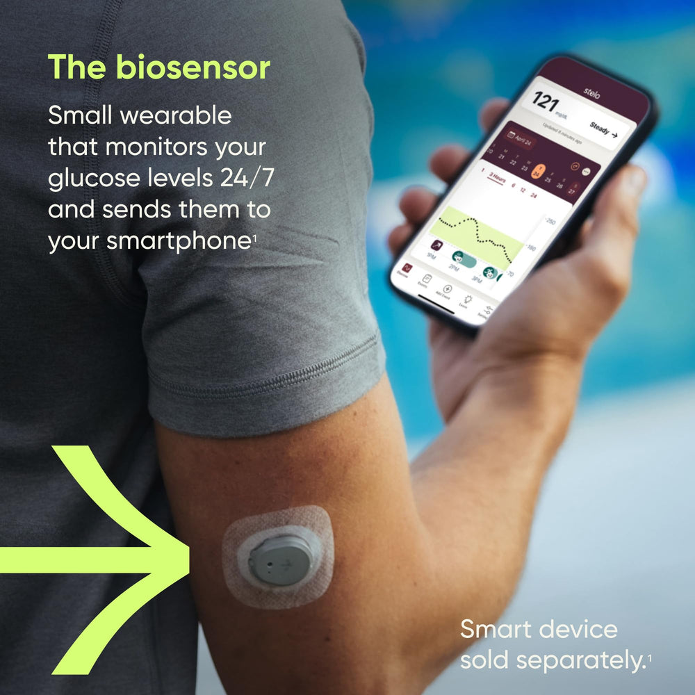 Stelo transmitter attached to skin sends readings via Bluetooth