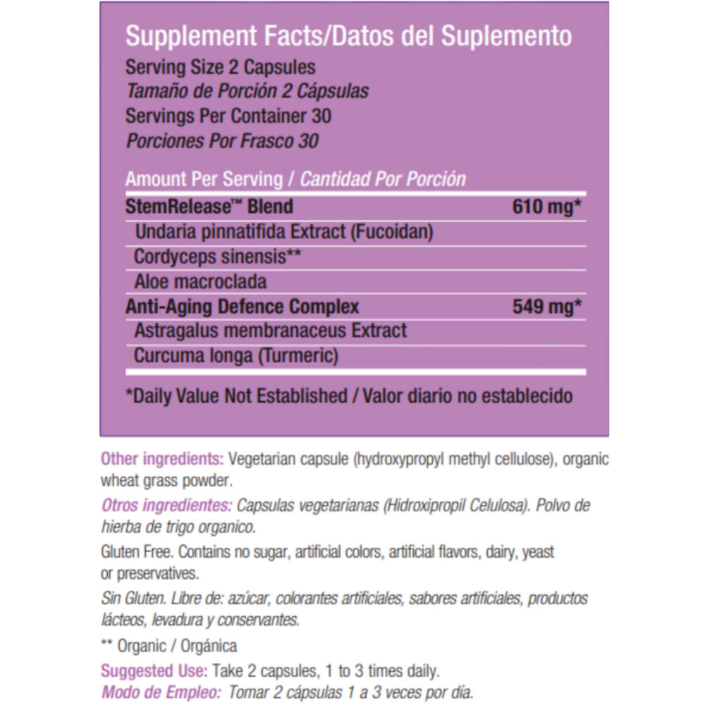Stemtech Stemrelease3 bottle label highlights exclusive blend for telomere health support.