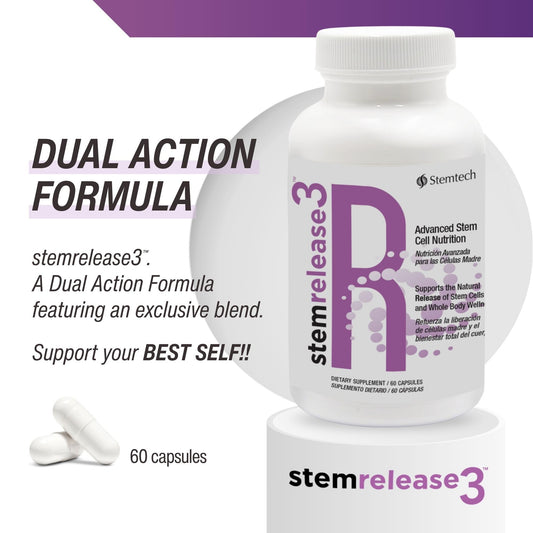 StemTech StemRelease3 capsules close-up, easy-to-swallow daily supplement.