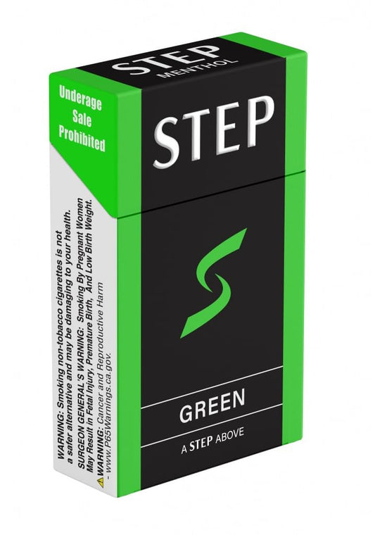 STEP Menthol Cool Green herbal cigarettes box close-up; zero tobacco and nicotine flavor.