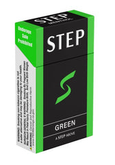 STEP Menthol Cool Green herbal cigarettes box close-up; zero tobacco and nicotine flavor.