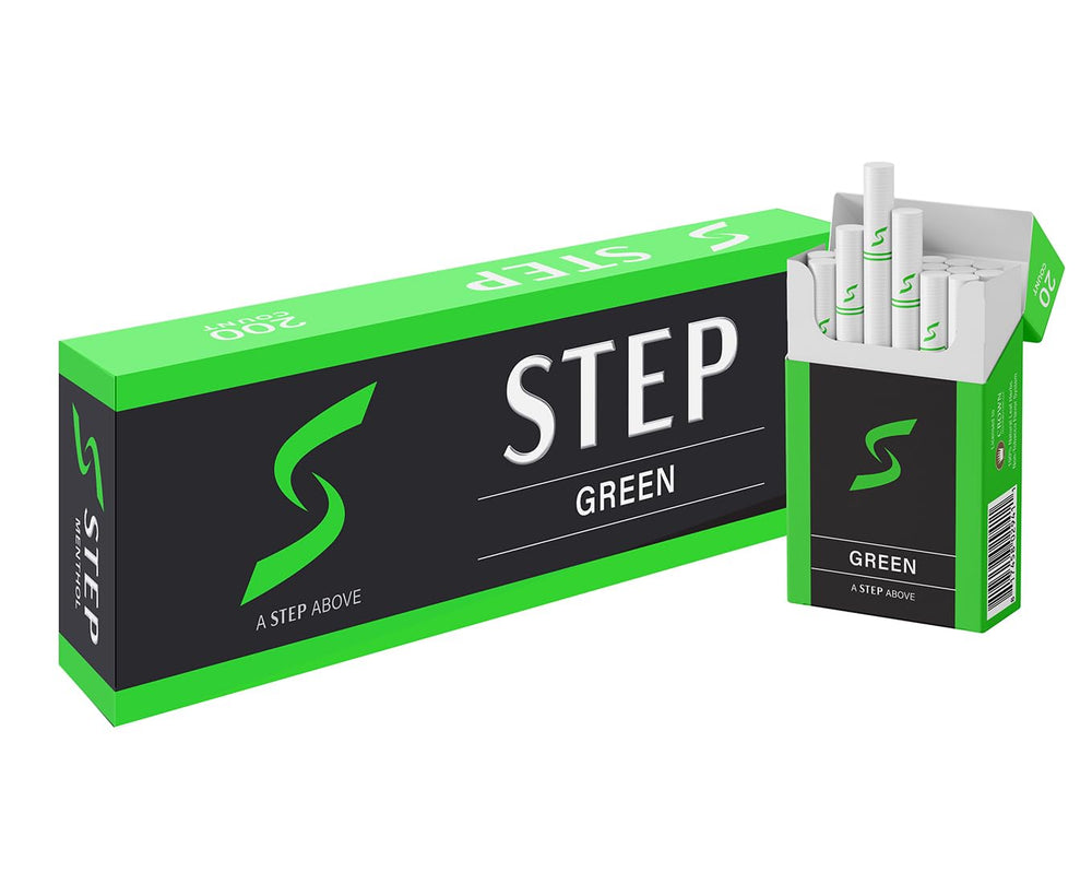 STEP Menthol Cool Green herbal cigarettes carton; tobacco-free and nicotine-free.