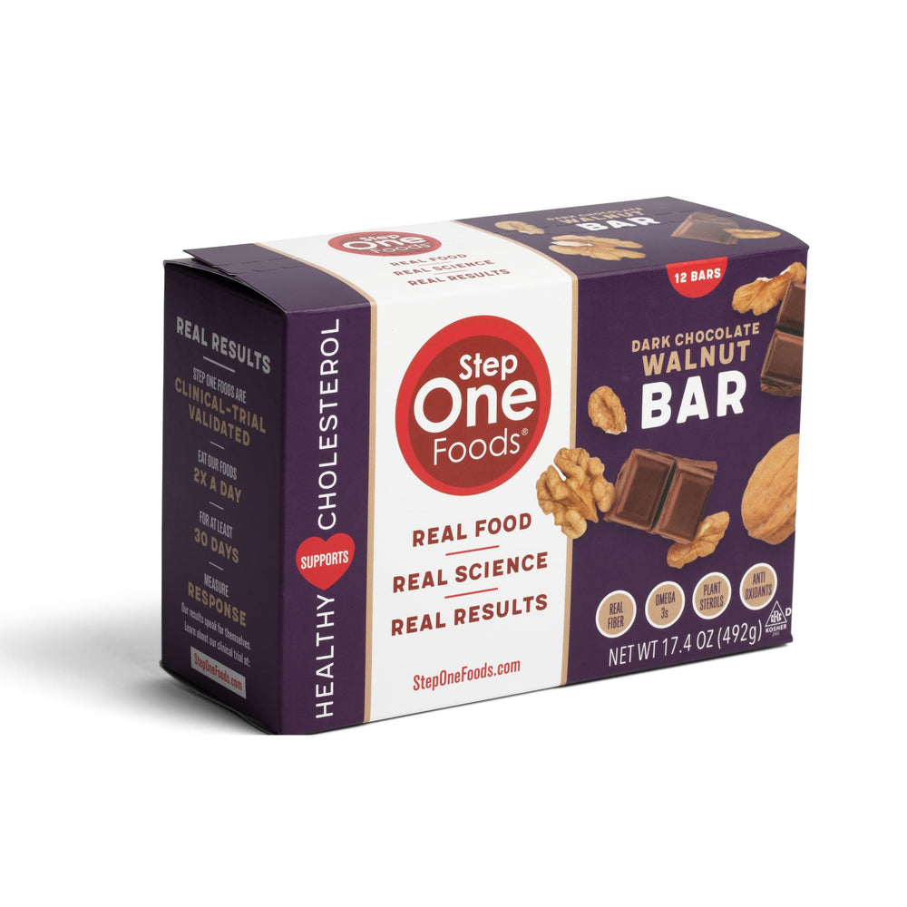 Step One Dark Chocolate Walnut Bars package front, premium heart-healthy snack
