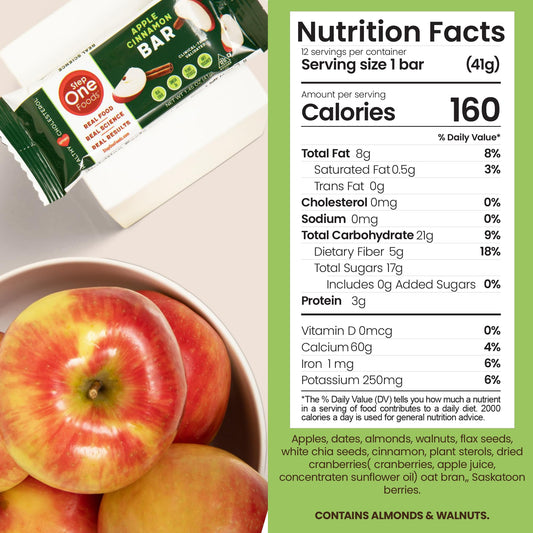 Step One Foods Apple Cinnamon Bar packaging shows 12 individually dosed servings.