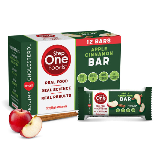 Step One Foods Apple Cinnamon Bar unwrapped, convenient heart-healthy snack.