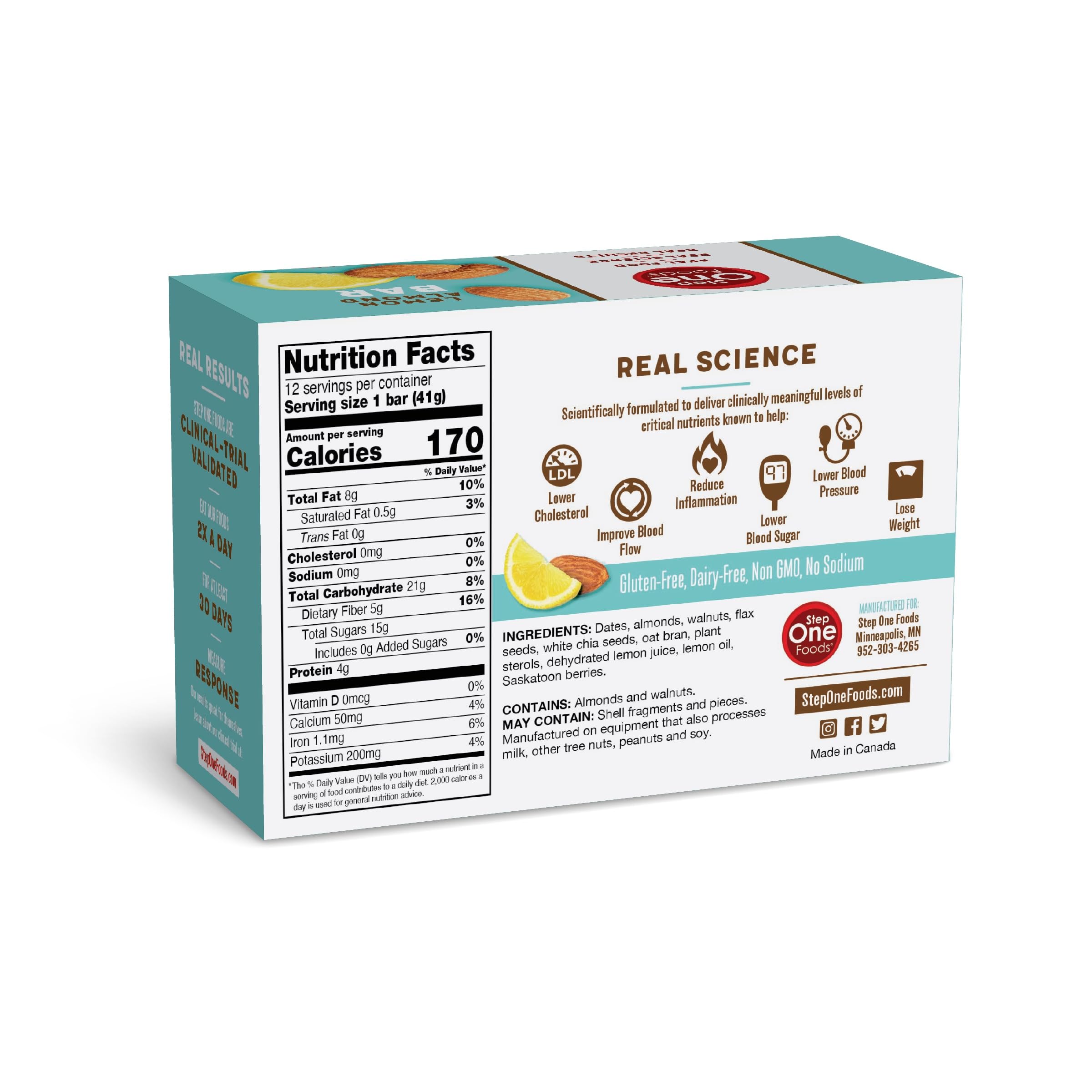 Step One Lemon Almond Bar nutrition facts card showing fiber and omega-3.