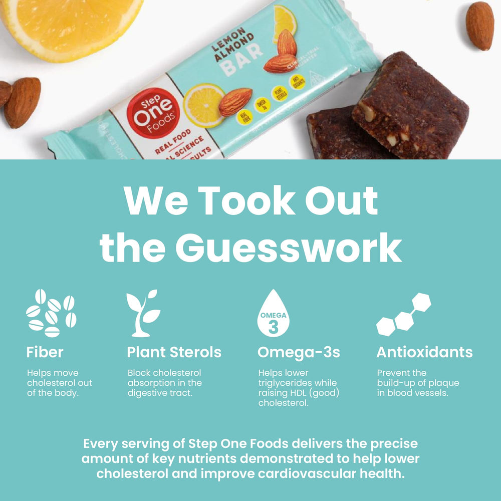 Step One Lemon Almond Bar vegan gluten-free label visible on packaging.