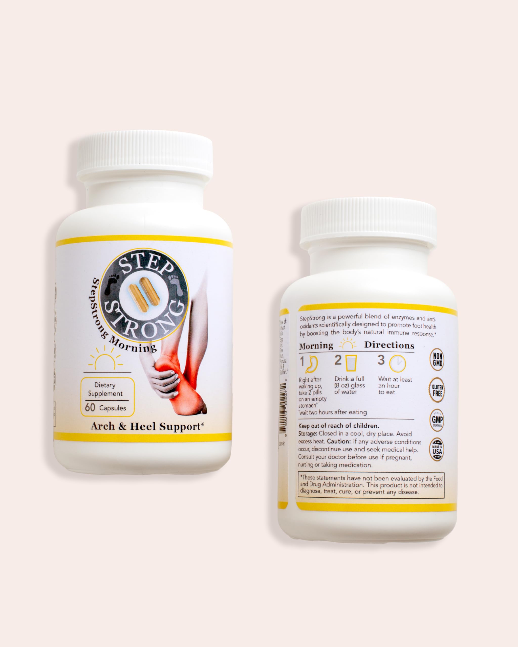 StepStrong Daily Defense morning dose shown as two capsules on an empty stomach.
