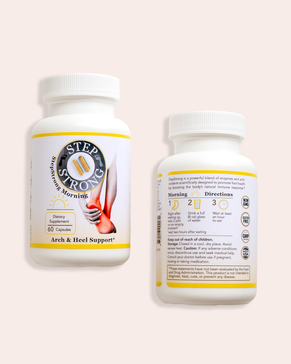 StepStrong Daily Defense morning dose shown as two capsules on an empty stomach.