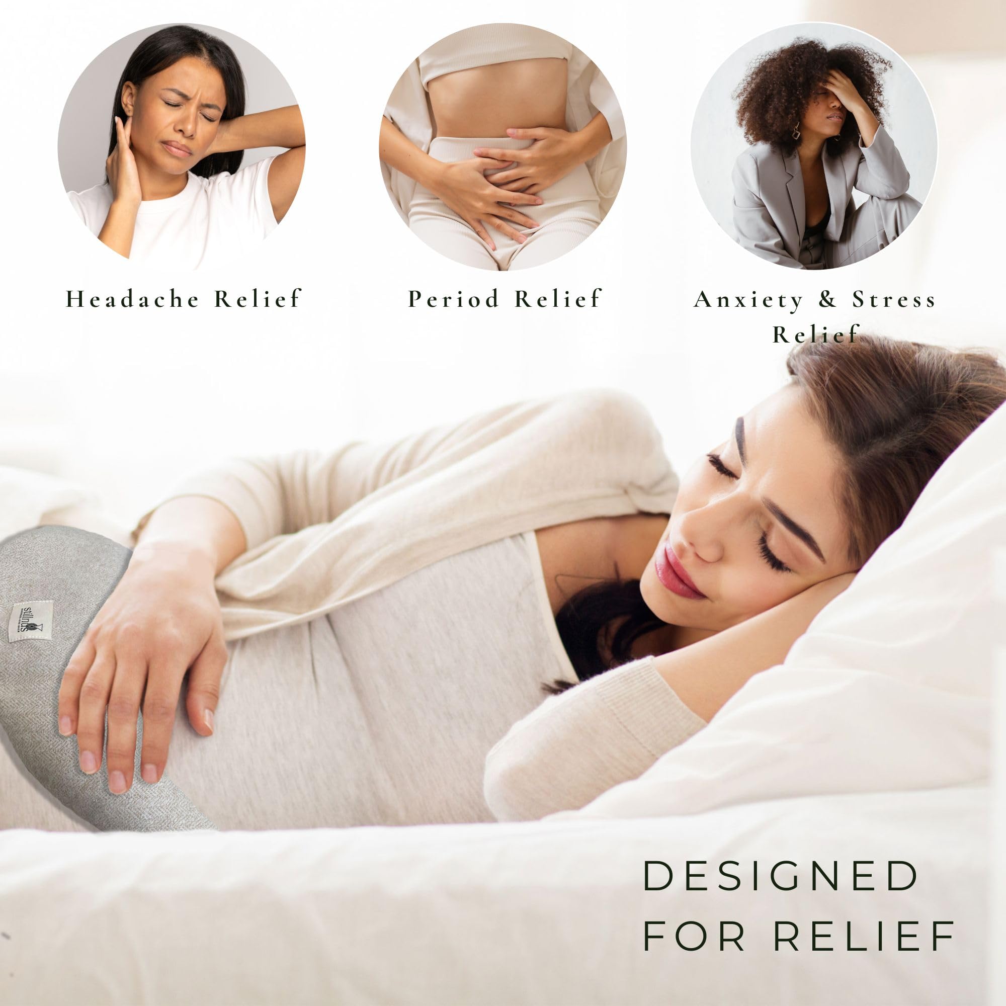 Stillnus Crescent Moon Pillow used for period relief with heat or cold therapy