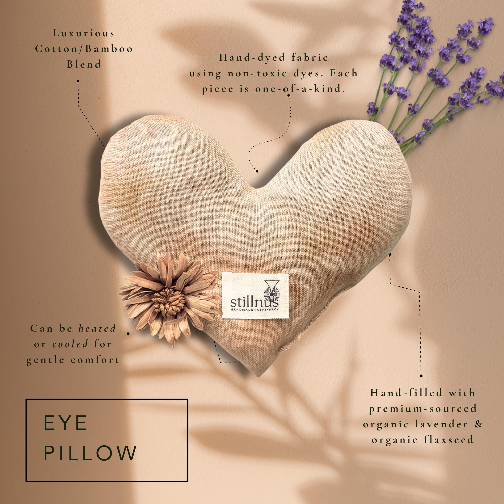 Stillnus organic lavender and flaxseed fill offers a gentle, grounding weight for relaxation rituals.
