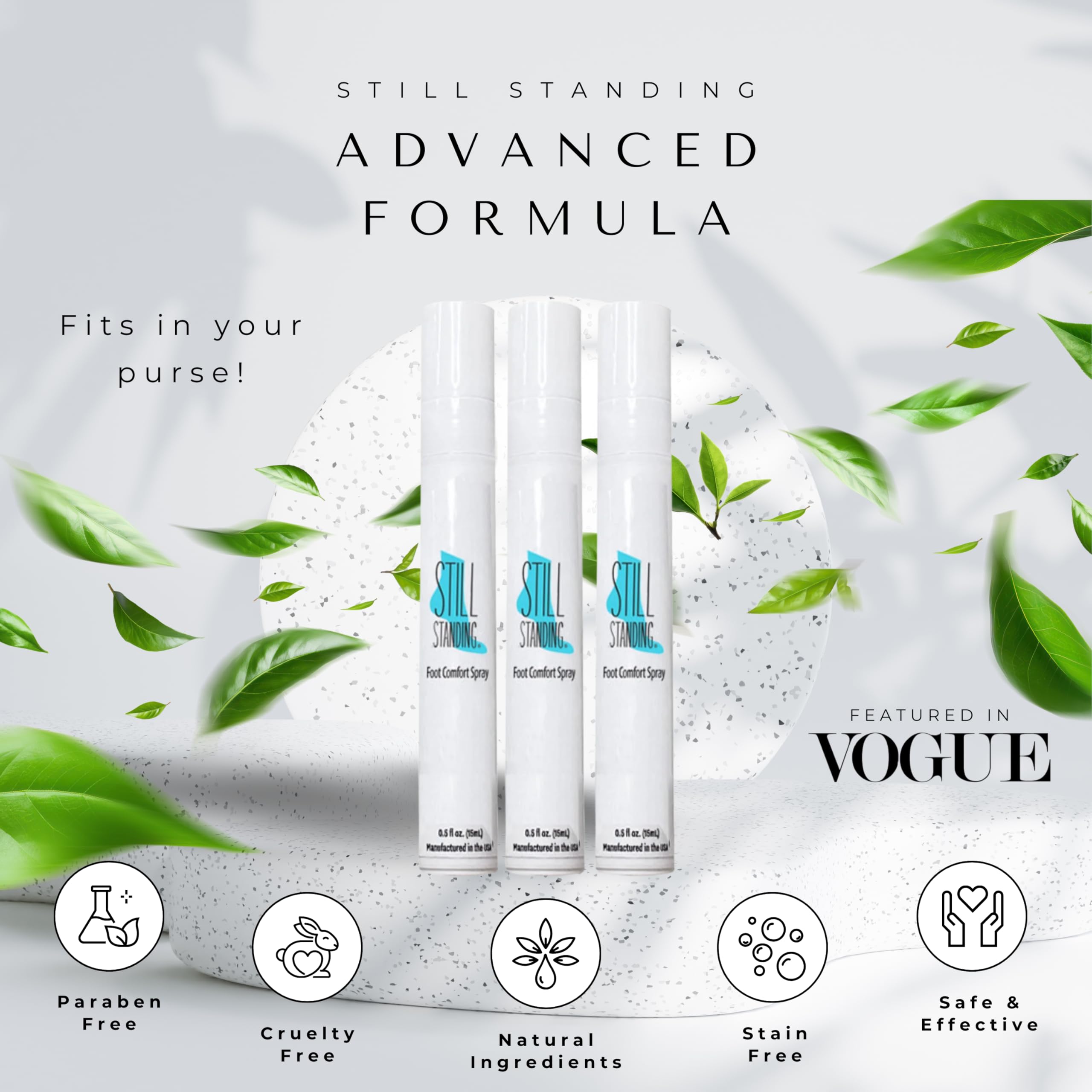 Still Standing cooling menthol foot spray compact 15ml delivers quick cooling relief.