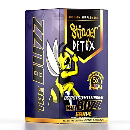 Stinger Detox Buzz 5X grape 8oz bottle label showcasing natural ingredients