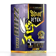 Stinger Detox Buzz 5X grape 8oz bottle label showcasing natural ingredients