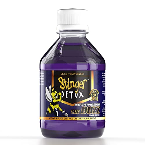 Stinger Detox Buzz 5X grape 8oz bottle pour close-up highlighting quick detox moment