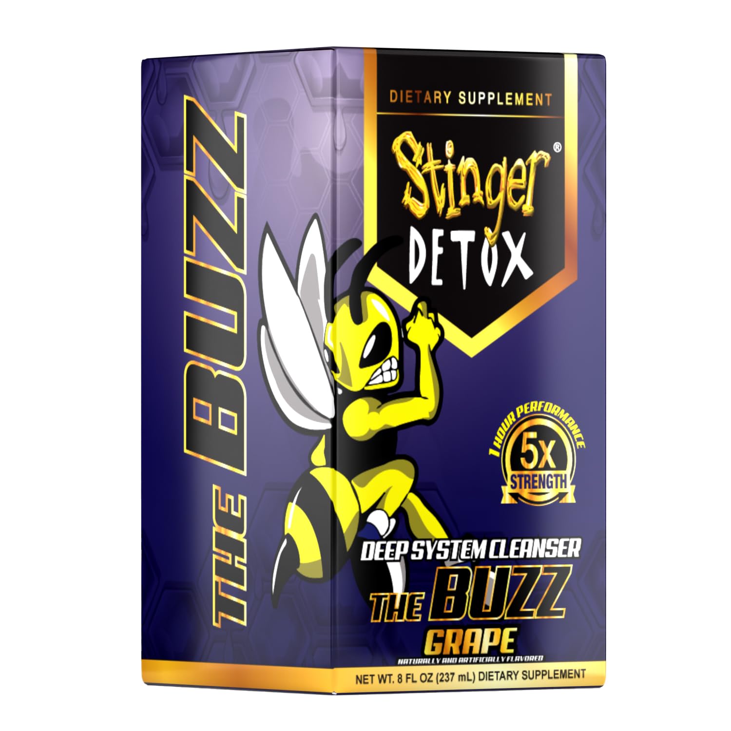 Stinger Detox Buzz 5X grape 8oz drink in use for a quick detox experience