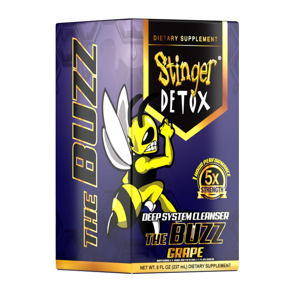 Stinger Detox Buzz 5X grape 8oz drink in use for a quick detox experience