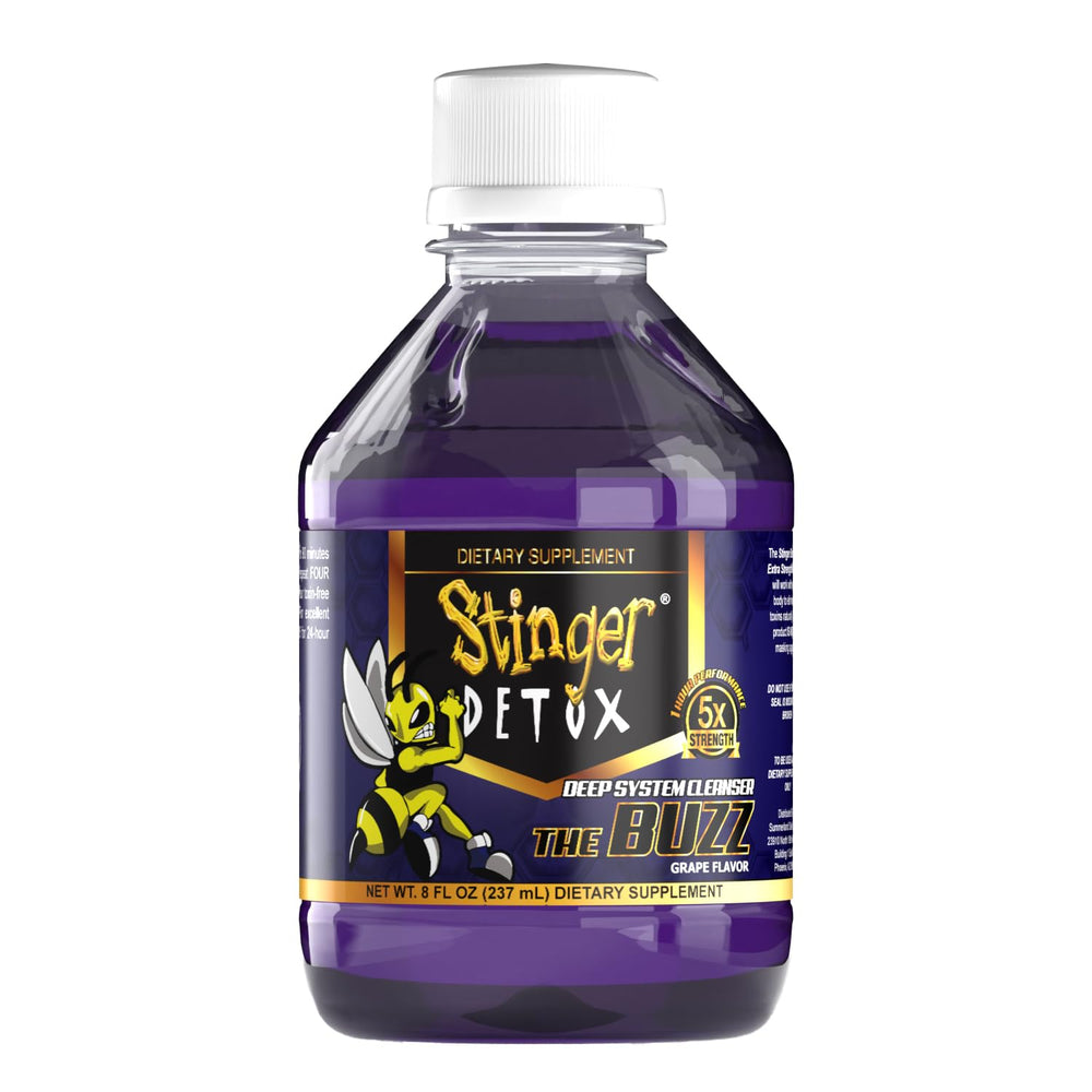Stinger Detox Buzz 5X grape 8oz packaging emphasizing value in a two-pack