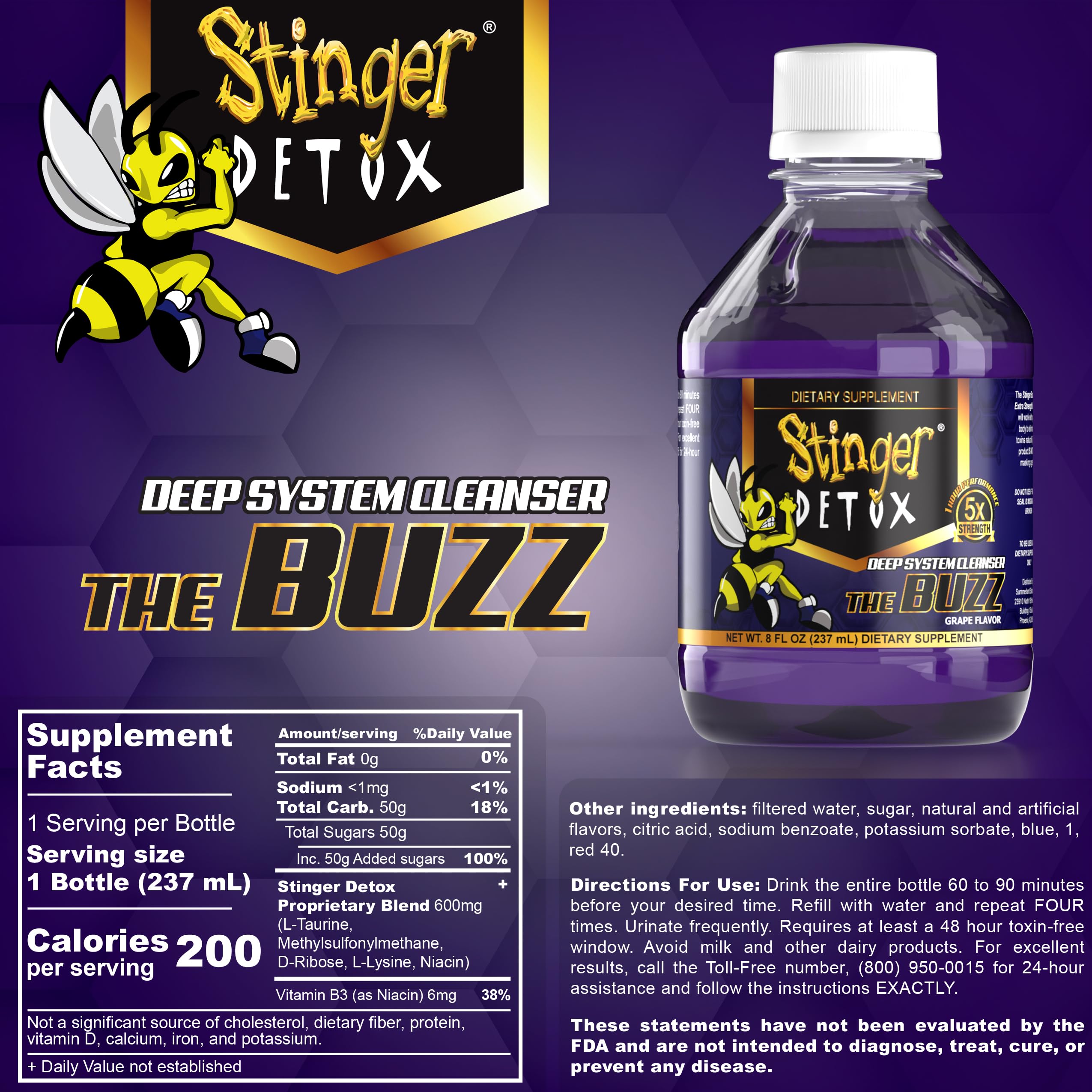 Stinger Detox Buzz 5X grape 8oz two-pack box image suggesting travel-friendly detox