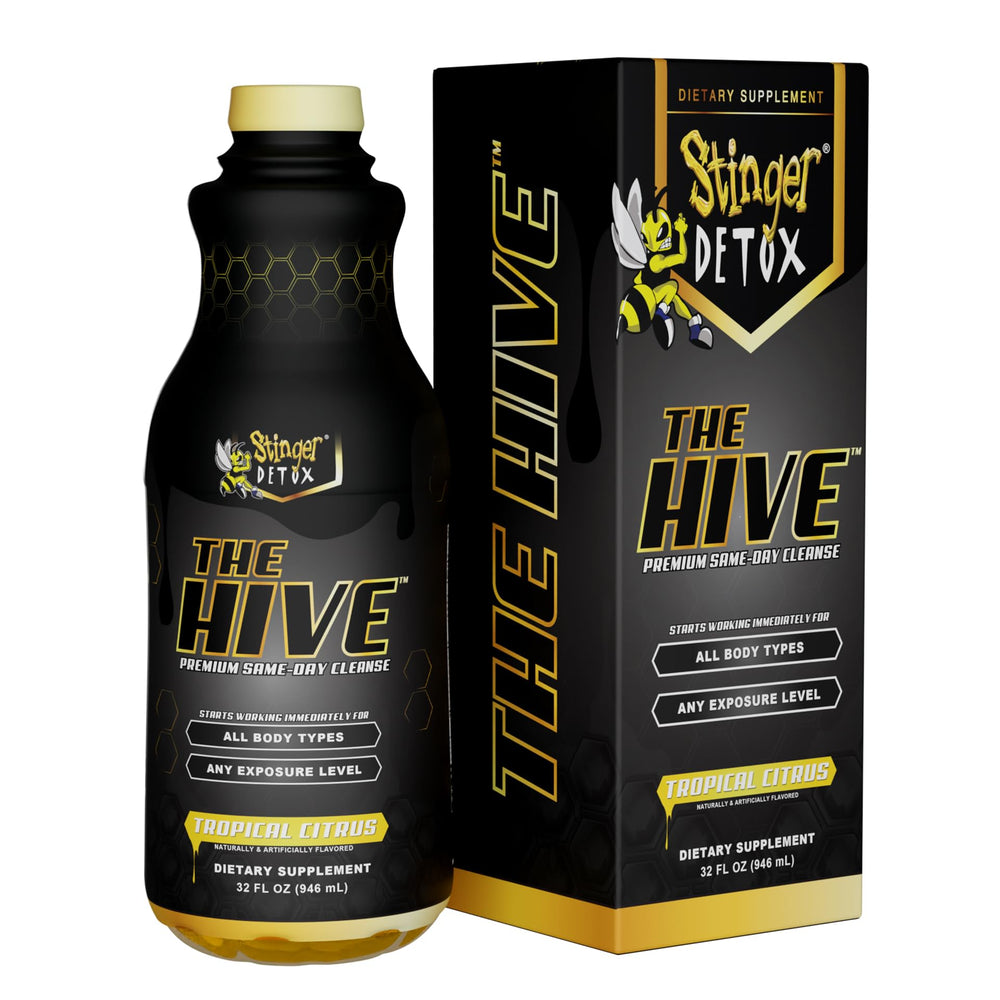Stinger Detox The Hive premium bottle pour shows tropical citrus flavor for a refreshing cleanse moment.