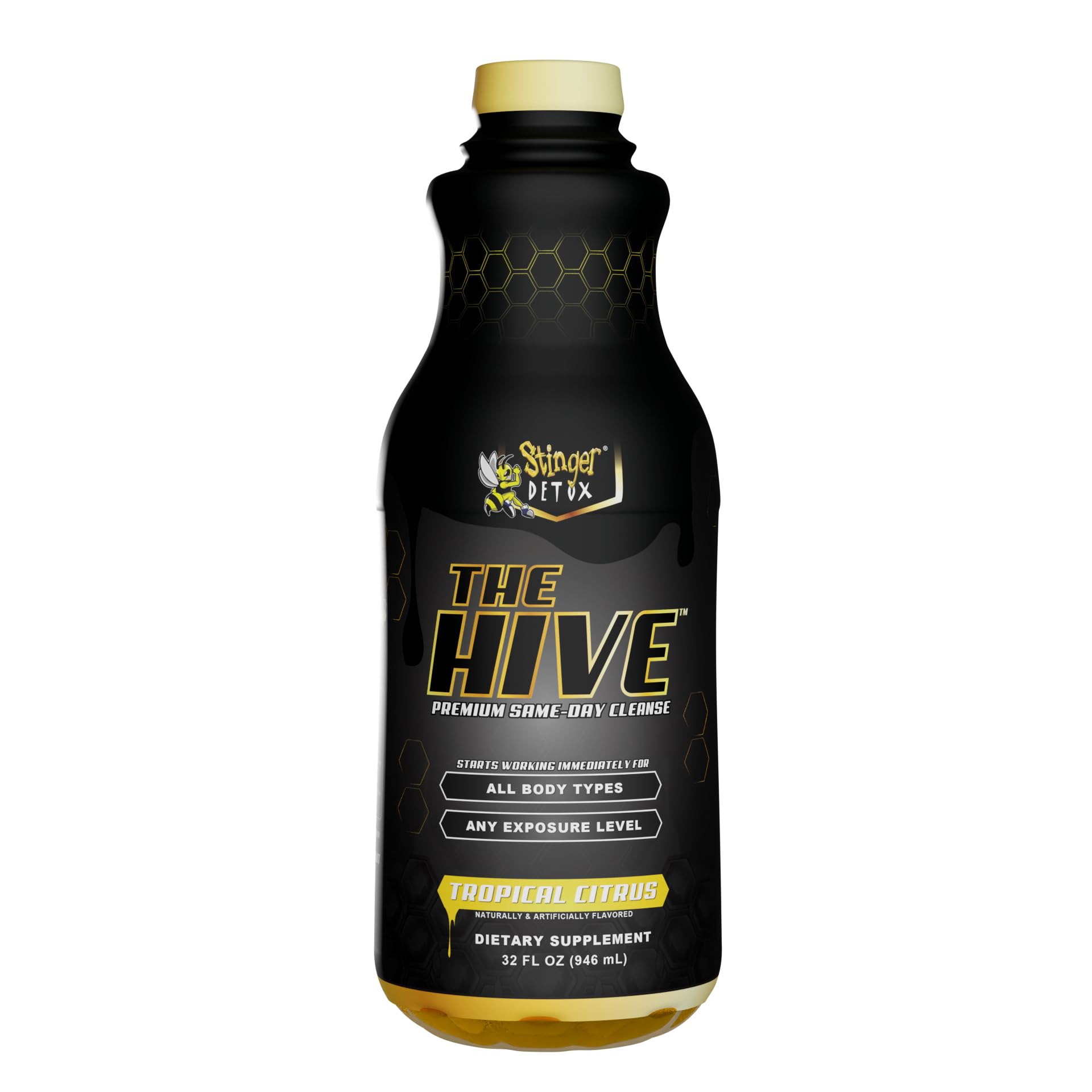 Stinger Detox The Hive serving shot with glass emphasizes tropical citrus flavor.
