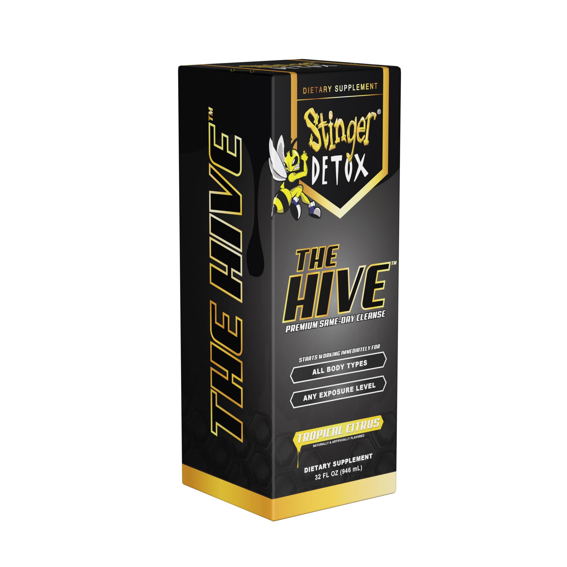 Stinger Detox The Hive premium front bottle with tropical citrus label ideal for quick use.
