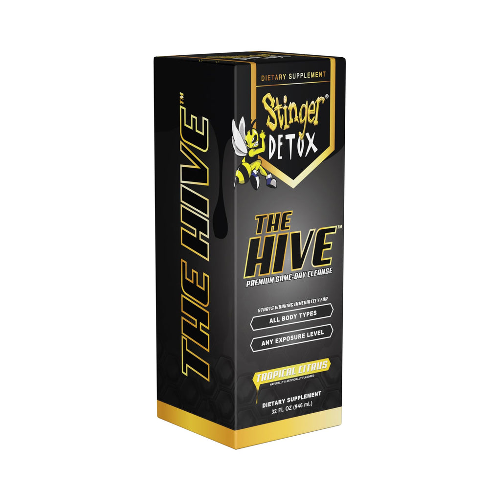Stinger Detox The Hive premium front bottle with tropical citrus label ideal for quick use.