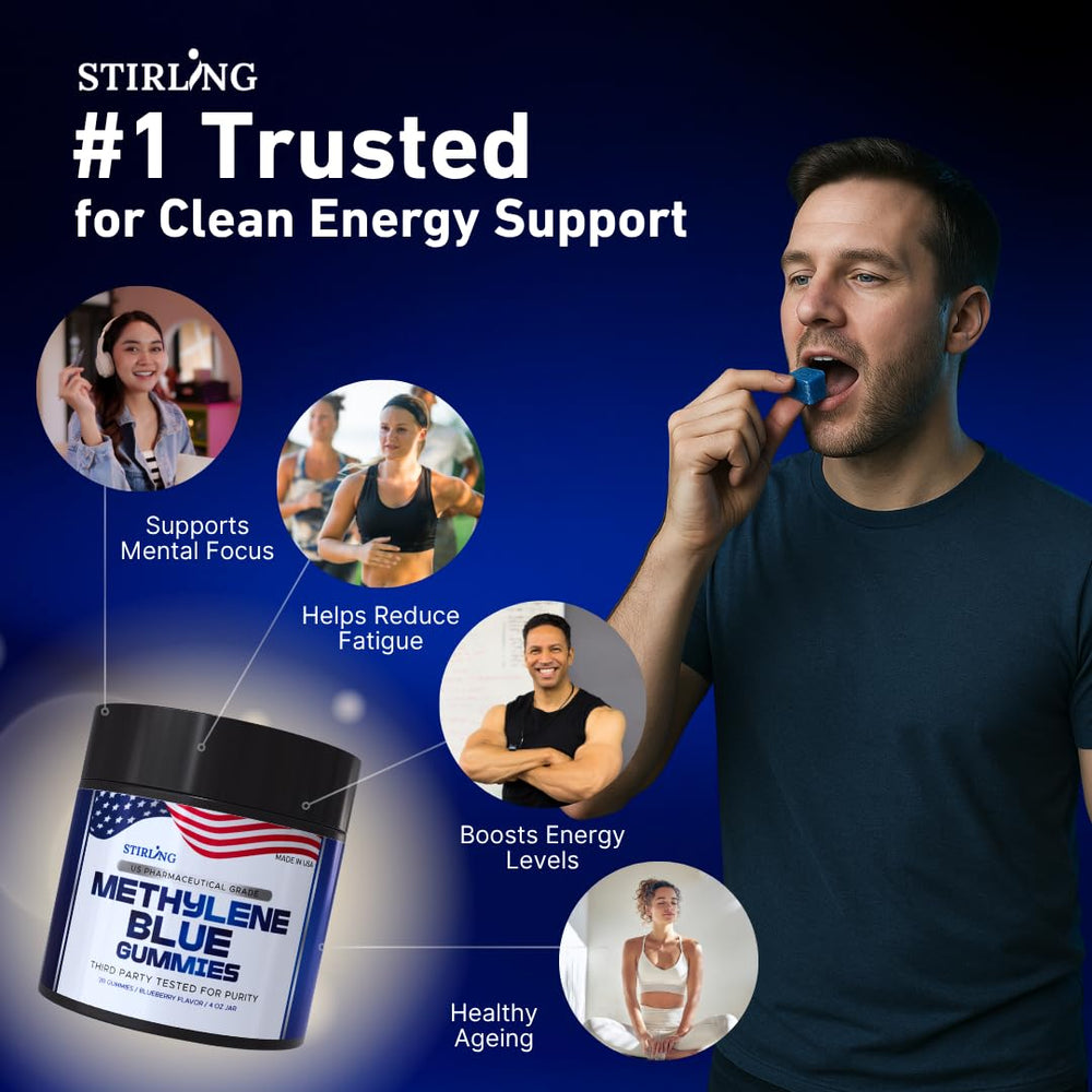 STIRLING Methylene Blue Gummies jar on table, convenient 30‑gummy daily-use container