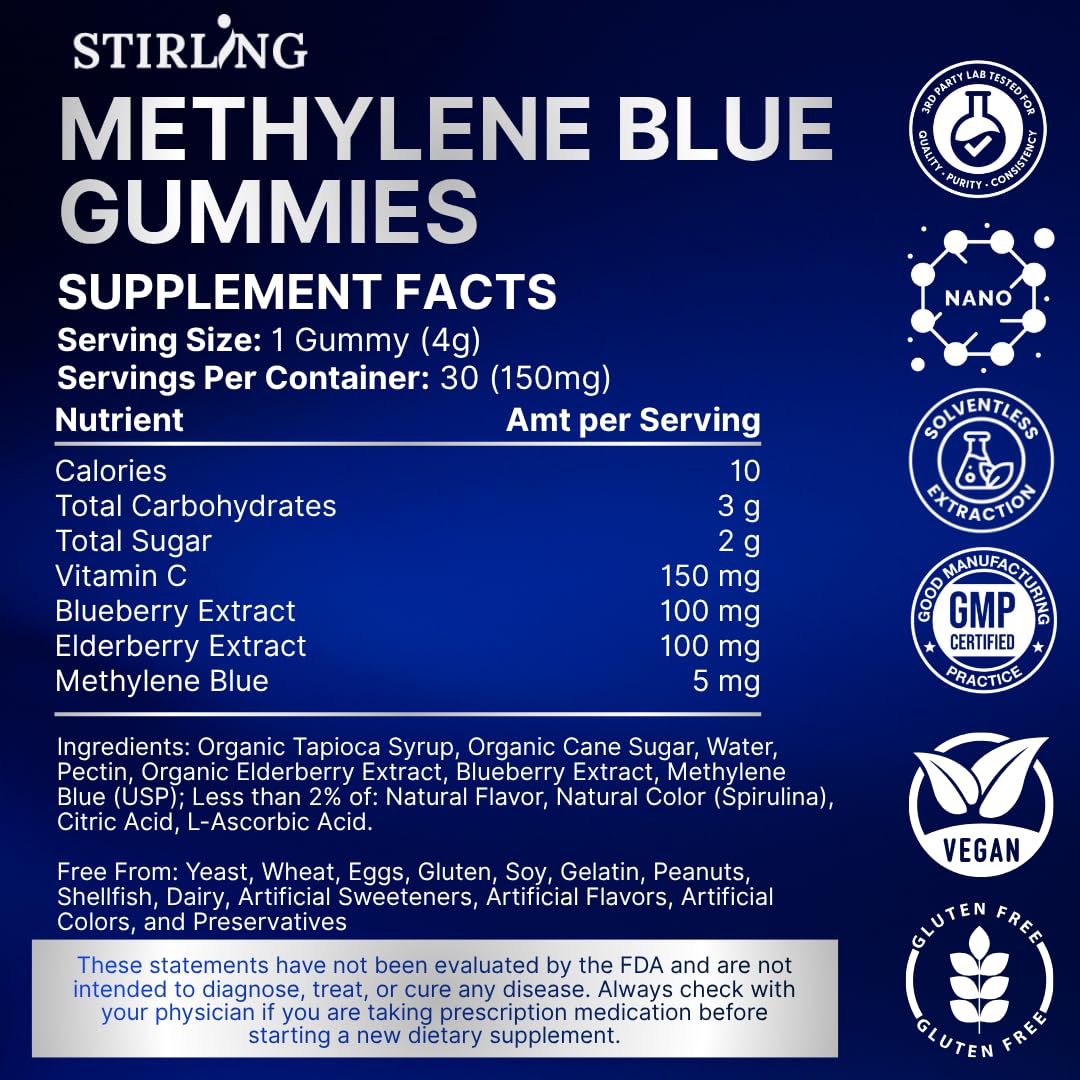 STIRLING Methylene Blue Gummies on the go; easy daily supplement for busy lifestyles