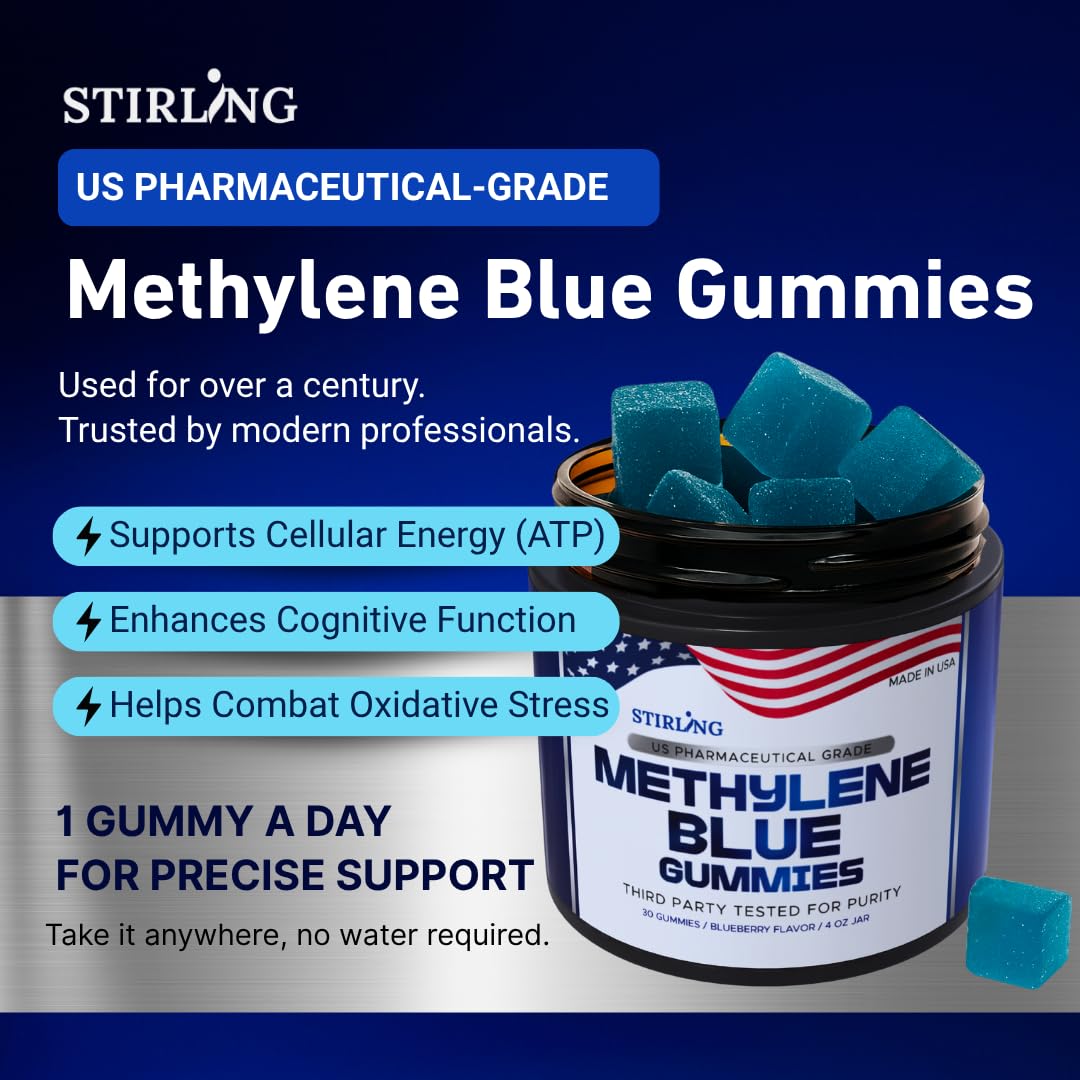 STIRLING Methylene Blue Gummies packaging highlights vegan, sugar-free, non-GMO ingredients