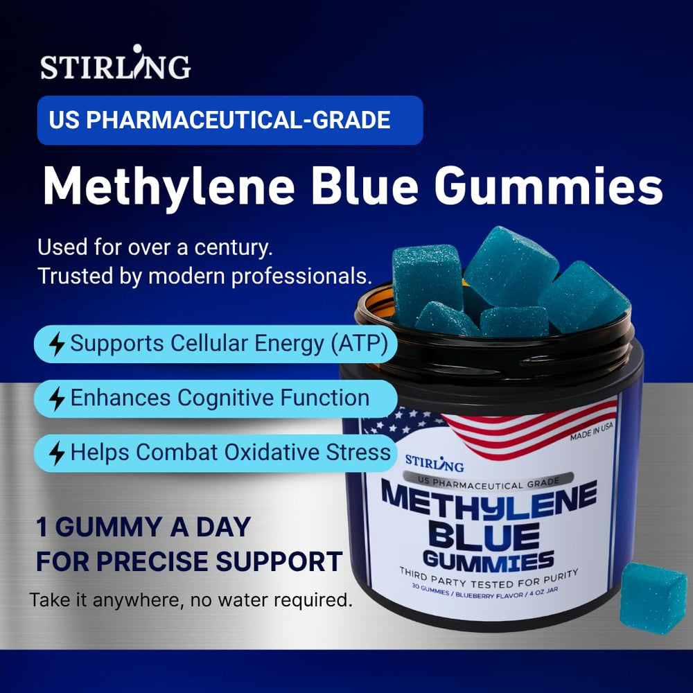STIRLING Methylene Blue Gummies packaging highlights vegan, sugar-free, non-GMO ingredients