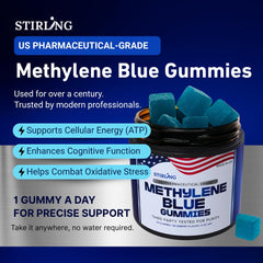 STIRLING Methylene Blue Gummies packaging highlights vegan, sugar-free, non-GMO ingredients