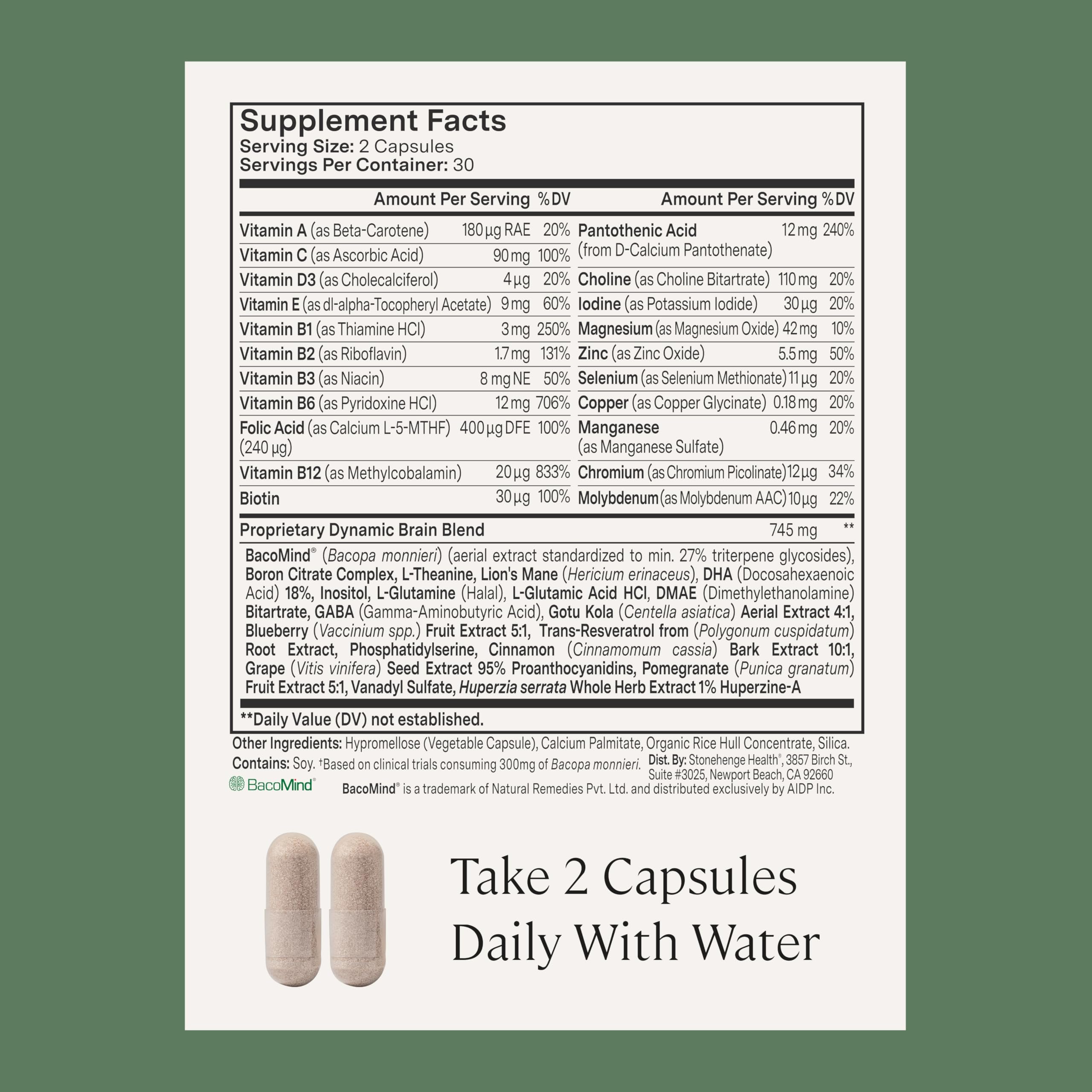 Stonehenge Health Dynamic Brain serving illustrating two capsules per dose