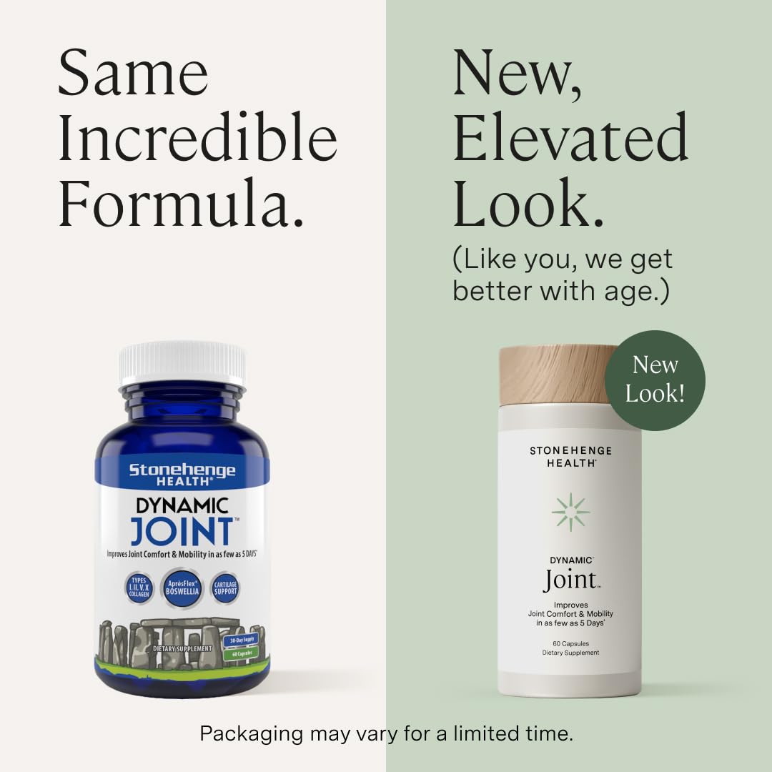 Stonehenge Health Dynamic Joint Health bottle back lists AprèsFlex Boswellia and vitamins for joint comfort support.
