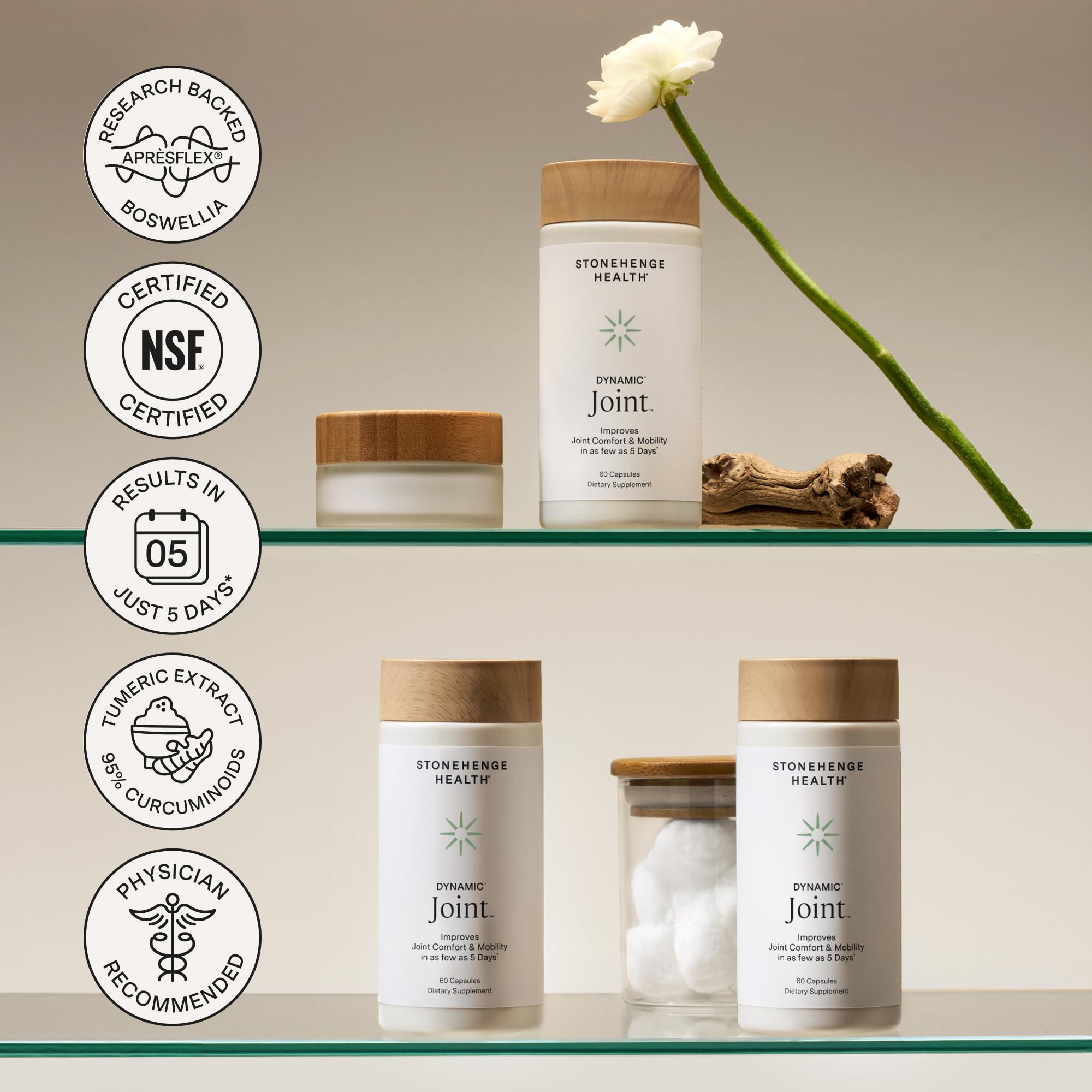 Stonehenge Health Dynamic Joint Health formula highlights vitamins C and D3 for immune and bone support.