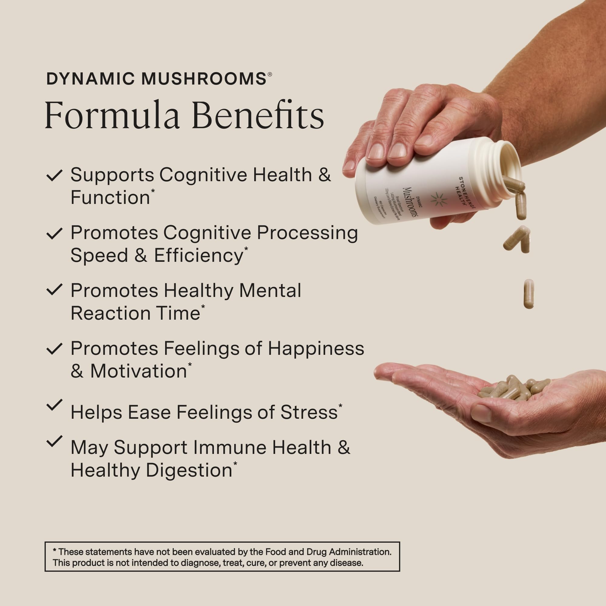 Dynamic Mushrooms capsules close-up highlighting 5-mushroom blend and concentrated extracts
