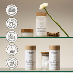 Stonehenge Health Dynamic Mushrooms Maitake and Shiitake visuals highlight diverse blend