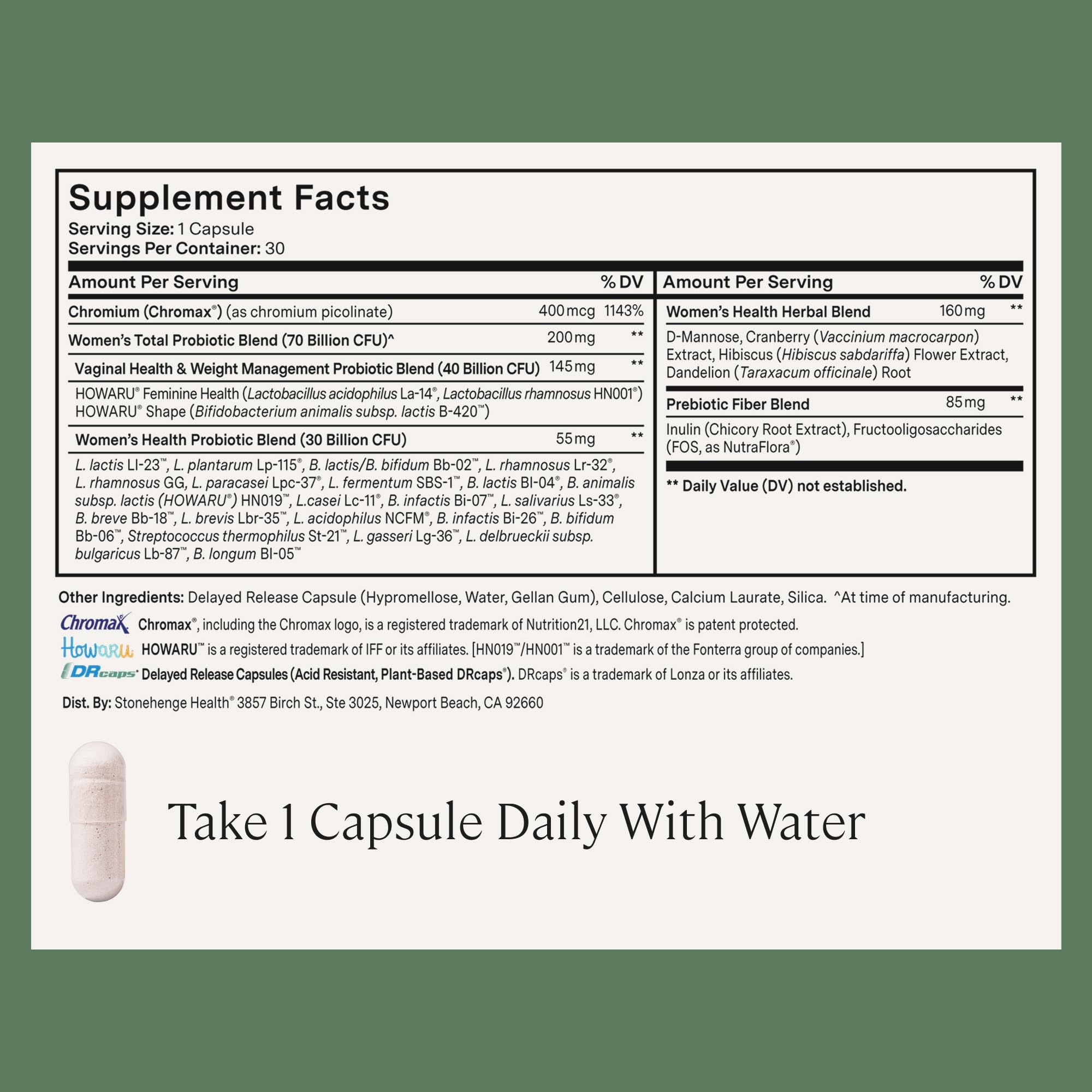 Daily routine scene with Stonehenge Health Biotics for Women beside a glass of water