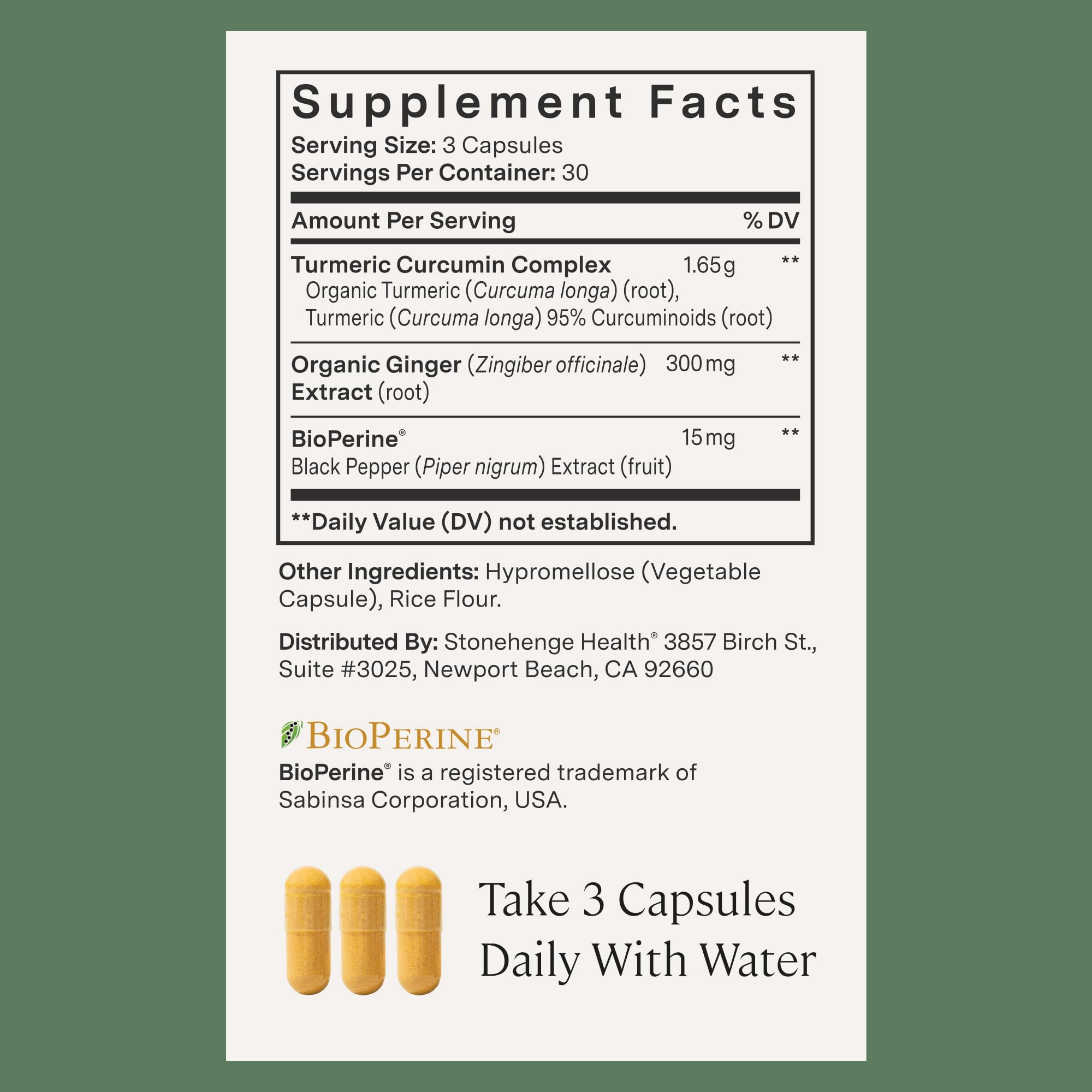 Stonehenge Health Dynamic Turmeric Curcumin label close-up highlights BioPerine
