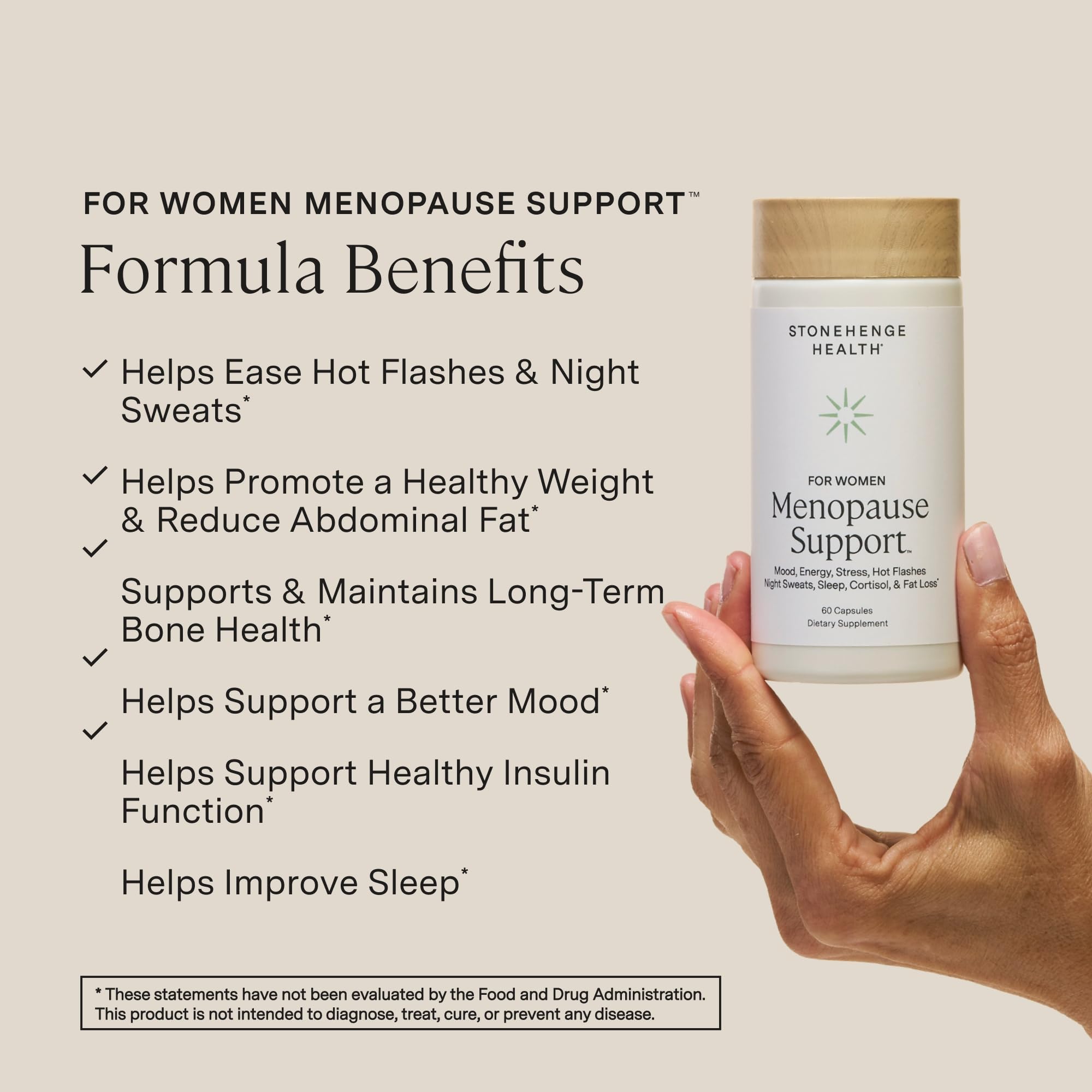 Stonehenge Health menopause support bottle label lists chromium and vitamin D3 for balance.