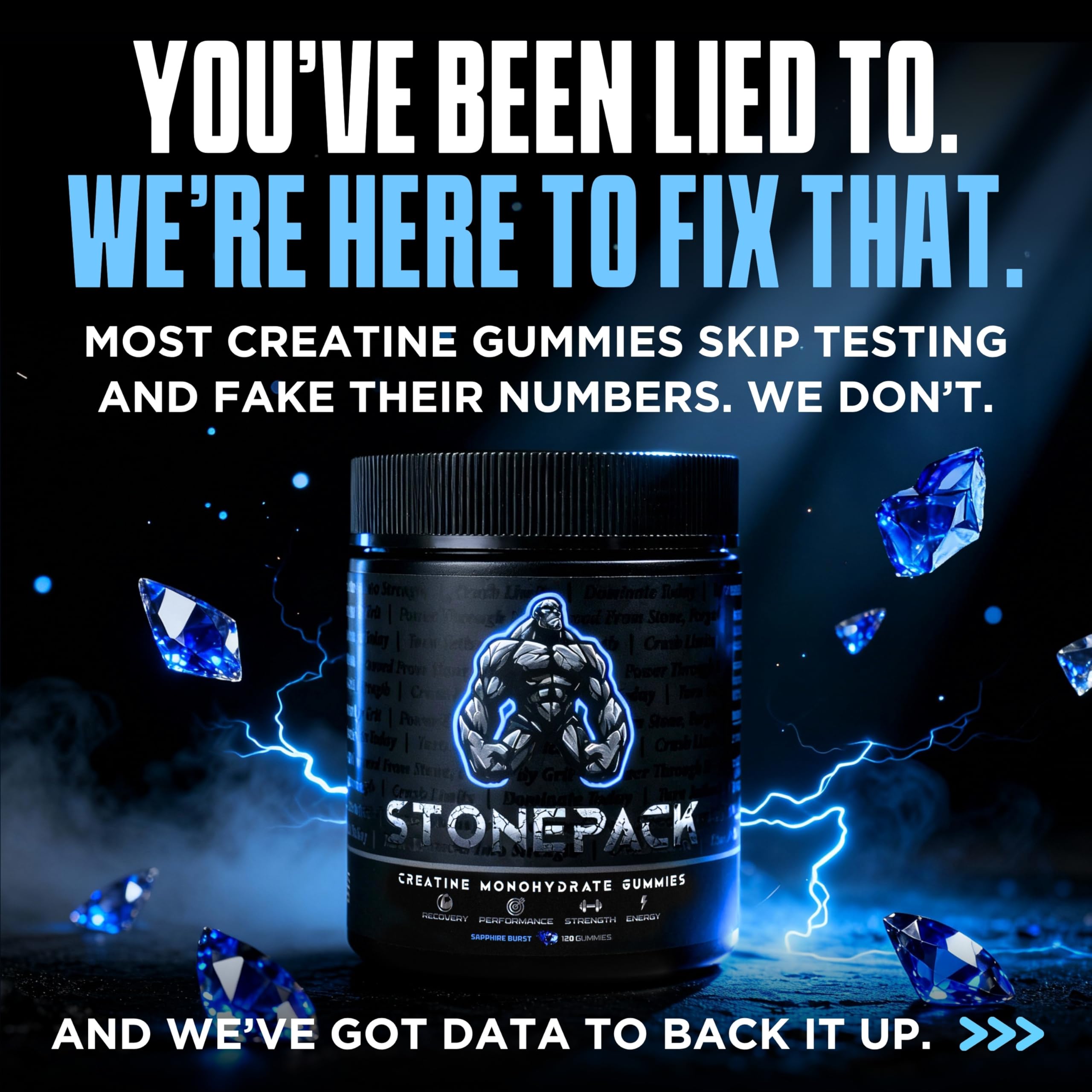 StonePack Creatine Gummies 5g dose label on bottle for accurate dosing