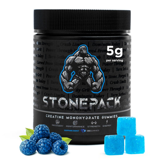 StonePack Creatine Gummies blue raspberry bottle for easy daily use