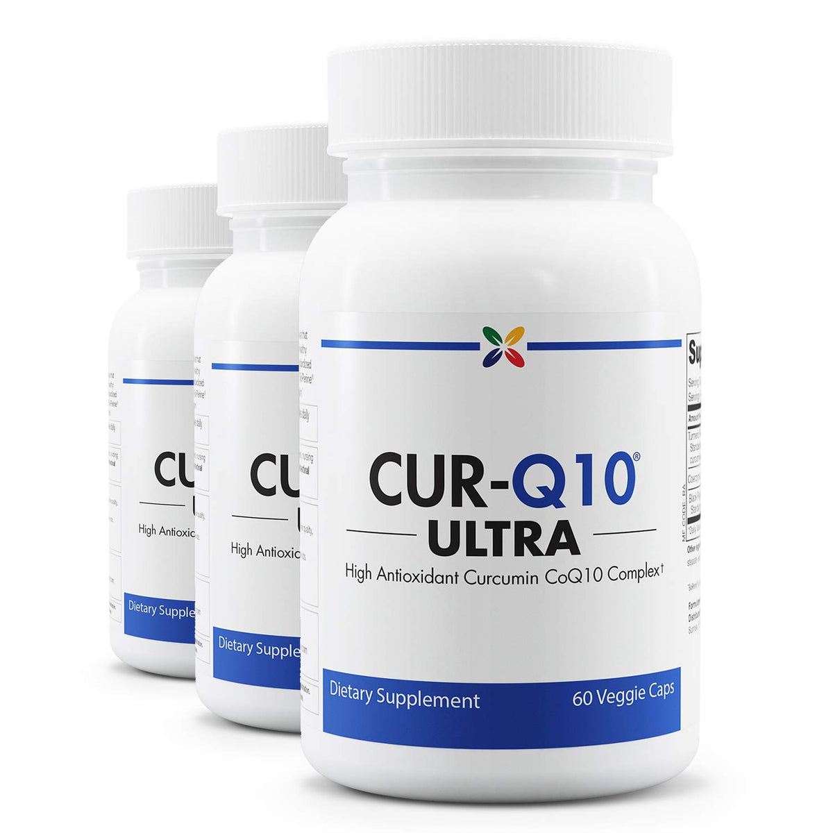 Stop Aging Now CUR-Q10 Ultra Complex bottle showing a 3-pack for daily antioxidant support