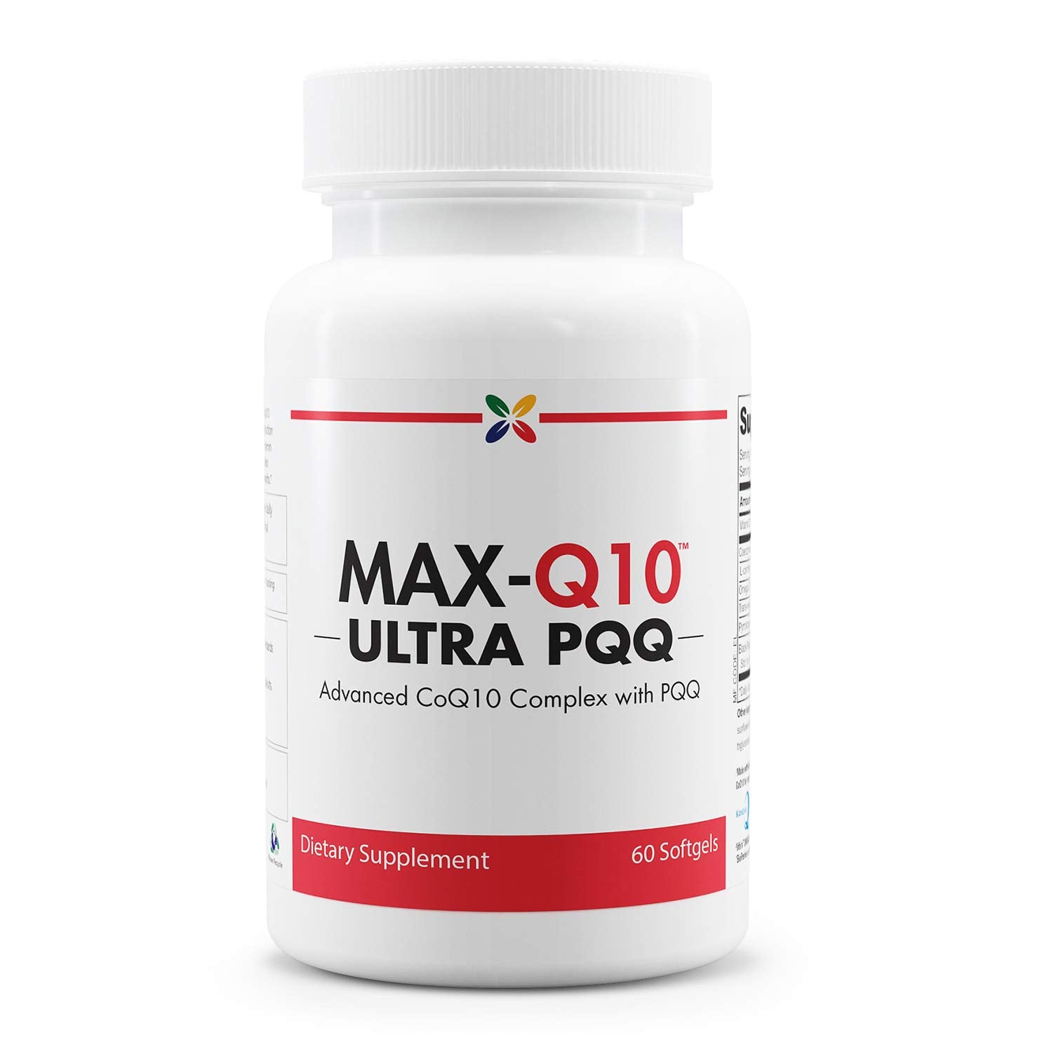 Stop Aging Now MAX-Q10 Ultra bottle pour showing softgels for daily energy support.