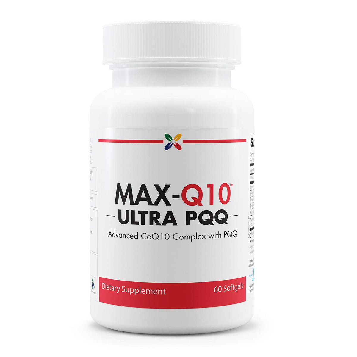 Stop Aging Now MAX-Q10 Ultra bottle pour showing softgels for daily energy support.