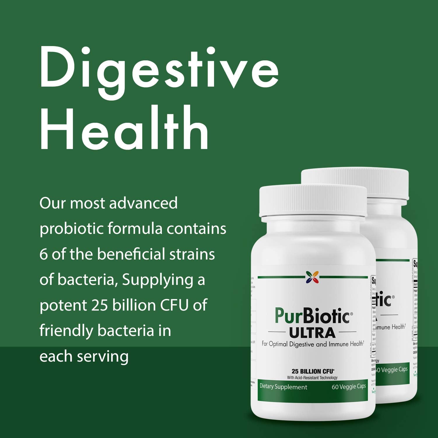 Stop Aging Now PurBiotic Ultra bottle side highlights 60 veggie capsules for daily use.