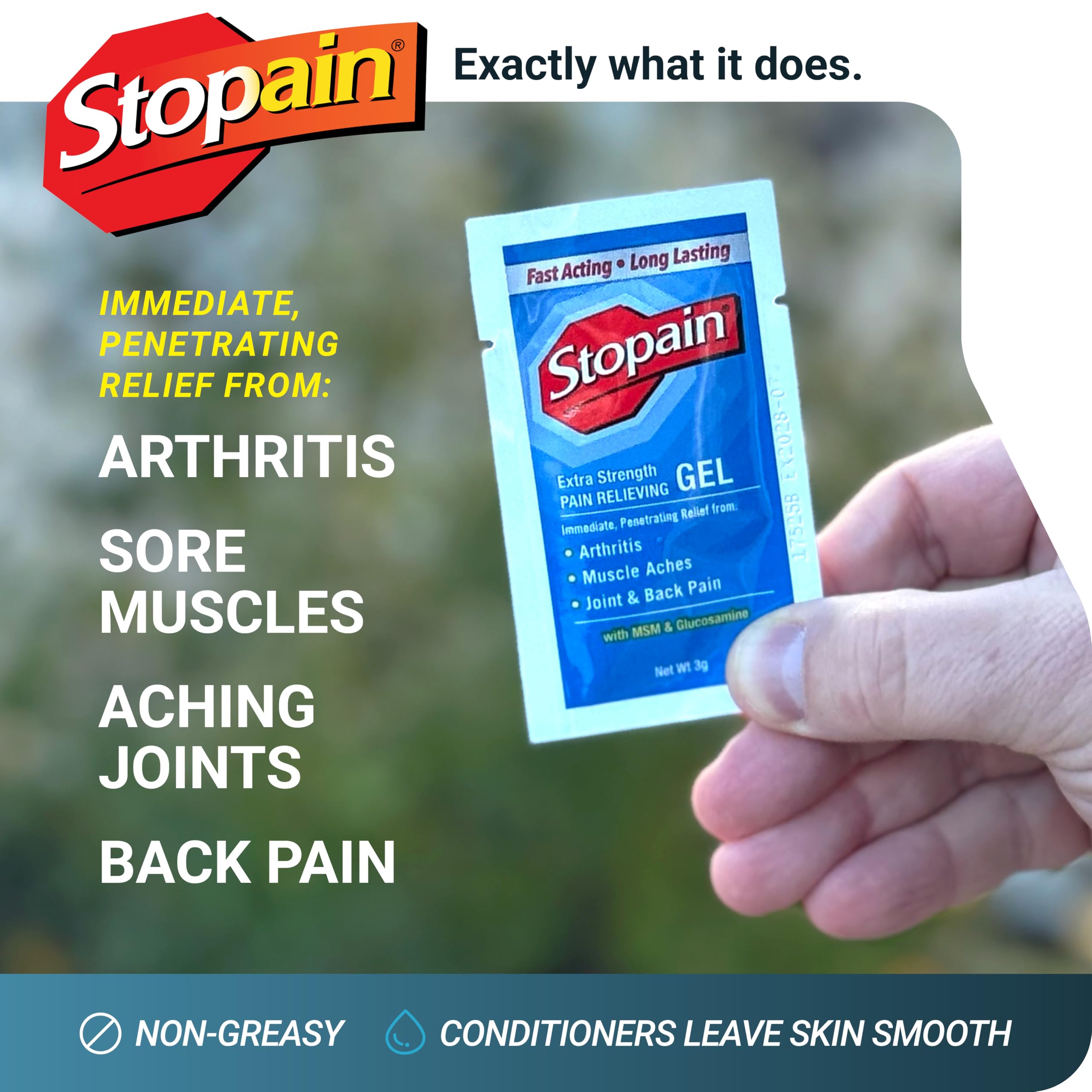 Stopain 3g gel packet application on skin for targeted relief.