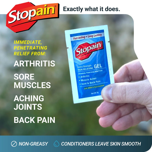 Stopain 3g gel packet application on skin for targeted relief.