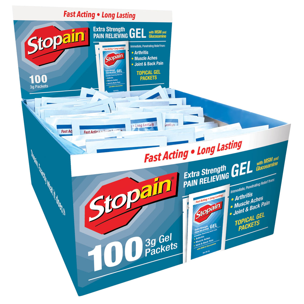 Stopain 3g gel packet dispense shows fast, mess-free application.