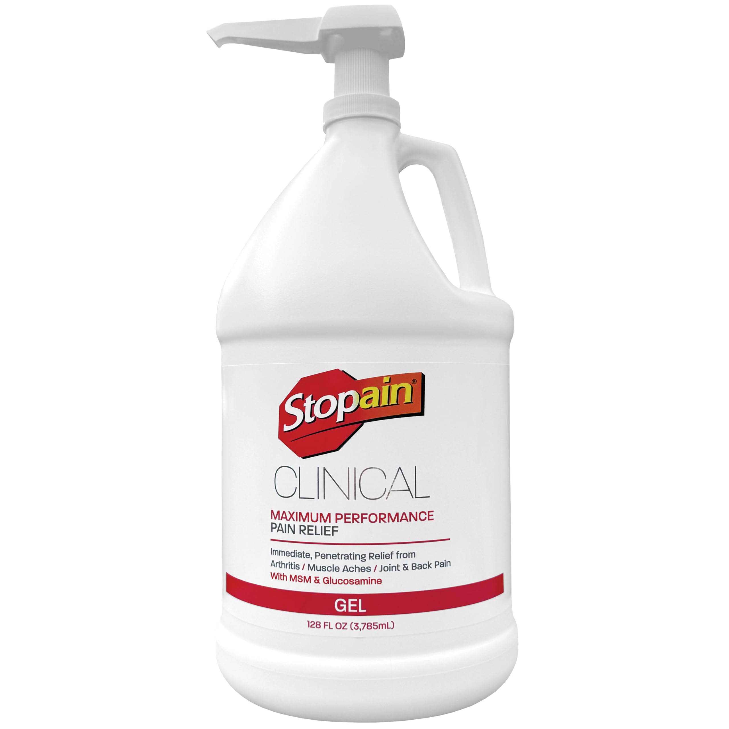 Stopain Clinical Gel bottle 1gal for fast joint and muscle relief.